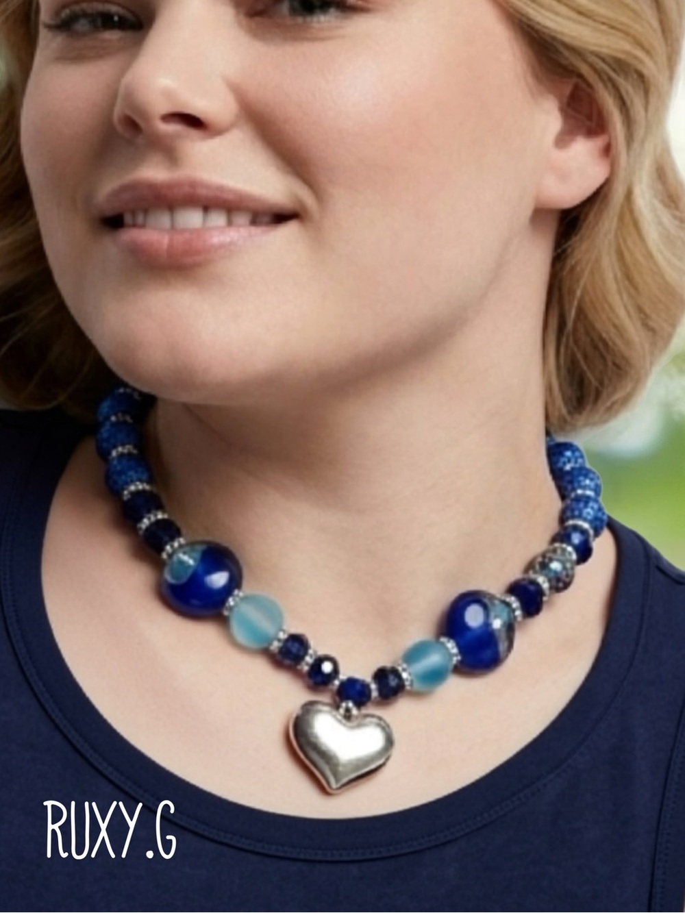 Blue Beaded Heart Pendant Necklace❤️